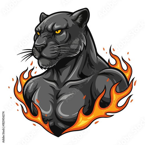 Powerful black panther head mascot with flames vector illustration for sport team logo