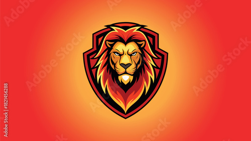 Fierce lion head emblem on a fiery orange shield