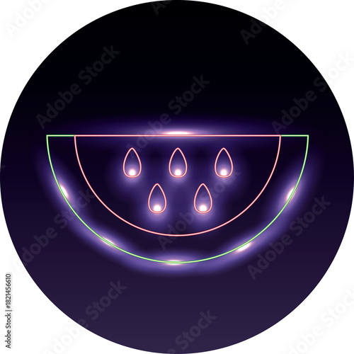 Abstract Illustration Of A Watermelon Slice In Purple Hues With Glowing Seeds Set Against A Dark Circular Background