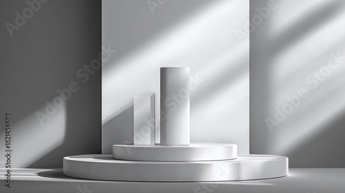 Abstract geometric shapes of different heights and forms, strategically arranged on a circular platform. This scene creates an inviting showcase for various products