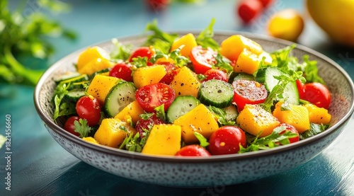 Colorful salad with mango, cucumber, and tomatoes