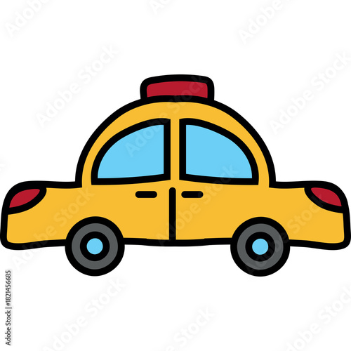 Cartoon Yellow Taxi Cab with Red Light on Top and Blue Windows on Transparent Background Side View Illustration