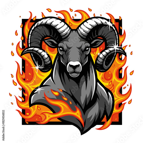Aggressive Ram Head Mascot with Fire. Esport Logo of a Bighorn Sheep. Vector Illustration for a Sports Team or Brand