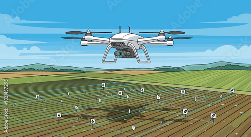 Modern drone surveying farmland for precision agriculture and crop management, ensuring sustainable farming practices and increased yields for future food security
