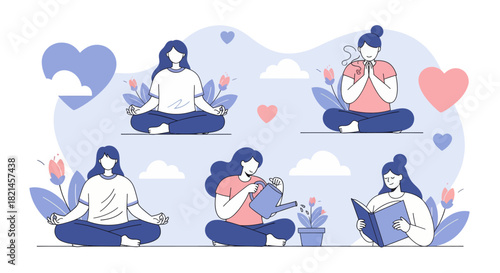 Find your inner peace with mindful meditation, gratitude, and self-care activities depicted in a calming vector art illustration for wellness brands