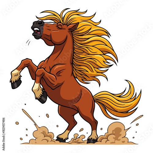 Rearing Wild Horse Cartoon Vector Illustration. Powerful Brown Mustang or Stallion Mascot.