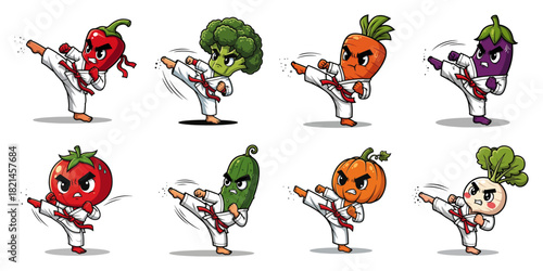Karate Vegetables Character Set. Vector Cartoon Collection of Food Mascots Practicing Martial Arts Kick