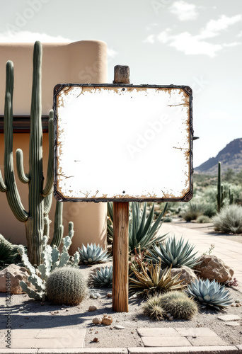 Desert landscape with cacti succulents and an empty weathered signpost.