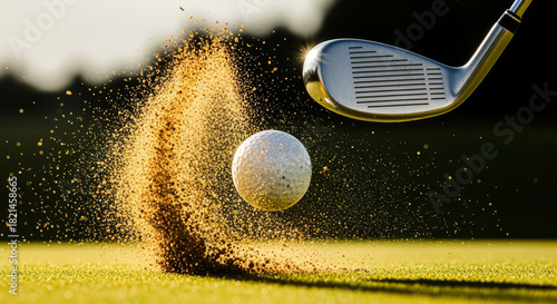 Golf ball explodes from sand trap as club makes impact.