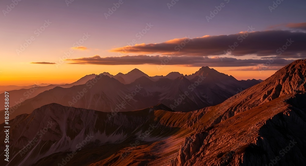 Naklejka premium Majestic Mountain Range at Sunset - A Breathtaking Vista of Natures Beauty.