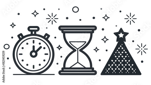 Countdown to Christmas with vintage timer, sandglass, and modern tree icon for holiday season projects