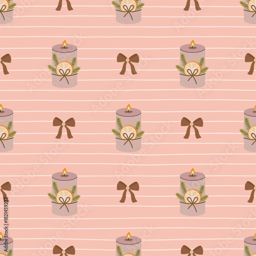 Cozy candle seamless pattern with warm beige candle, bow and dried orange on soft stripes background, perfect for winter decor, wrapping paper, greeting cards and seasonal branding projects