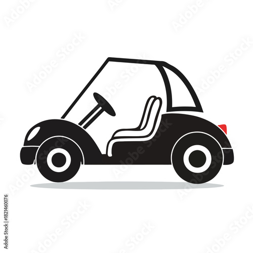 Simple black cartoon golf cart with open top, seats, and steering wheel isolated on white background, Vector, illustration