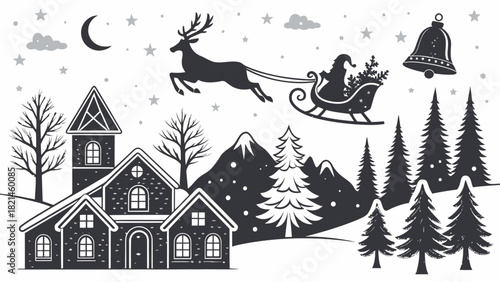 Enchanting Christmas eve with Santa's sleigh soaring over snow covered village, a timeless holiday scene