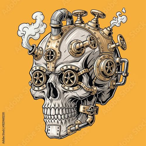 Detailed steampunk skull illustration with intricate gears, pipes, and valves on a vibrant yellow backdrop for edgy creative designs and striking visuals
