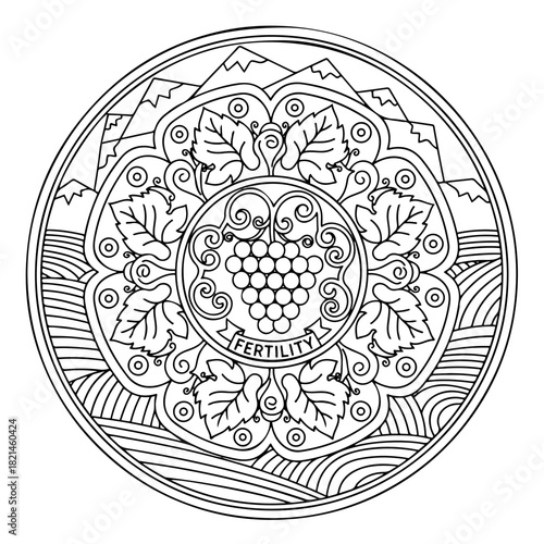 Abundance mandala with grapevine, complex pattern, anti-stress