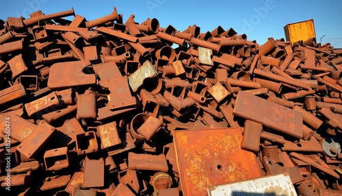 Rusty metal pieces piled high, shadows cast, textures varied,  salvage,  metallic texture