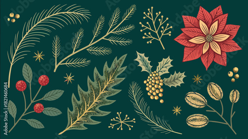 Festive Christmas botanical elements for elegant holiday designs and winter season greetings that bring joy