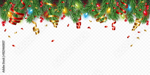 Vector realistic frame with pine tree, golden and red confetti, ribbons, berries and lights isolated on a transparent background. Holiday Christmas tree border for winter decoration banner, poster, gr