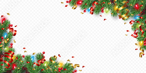 Vector realistic frame with pine tree, golden and red confetti, ribbons, berries and lights isolated on a transparent background. Holiday Christmas tree border for winter decoration banner, poster, gr