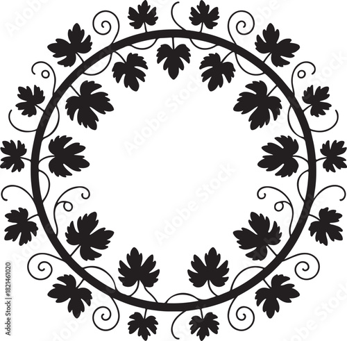 Elegant black silhouette of a grapevine wreath with swirls and leaves