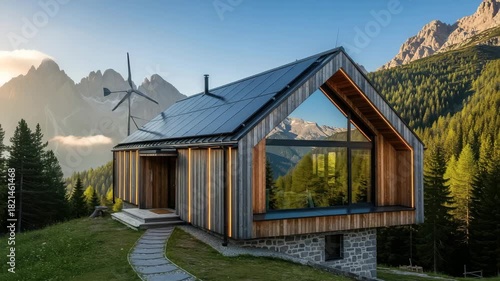 Modern mountain cabin with solar panels and wind turbine nestled in a scenic alpine landscape