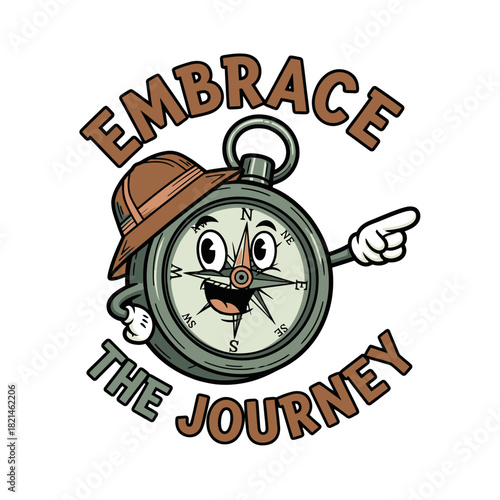 A cheerful cartoon compass character wearing an explorer's hat points the way with the text 'Embrace the Journey'.