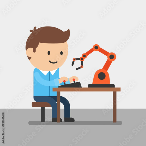 Man operating a robotic arm at a control table