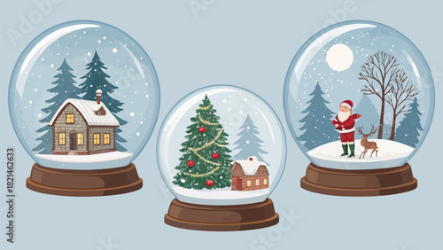 Charming holiday snow globes with Christmas scenes, Santa, reindeer, and cozy winter homes create festive cheer
