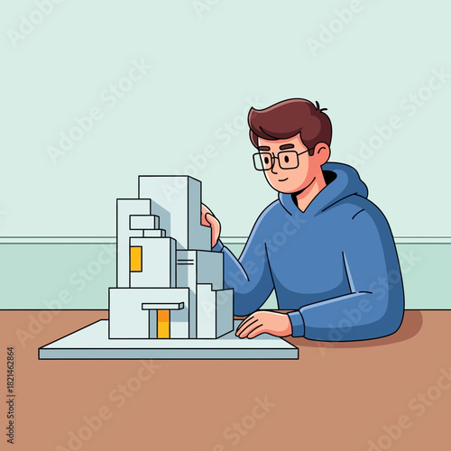 Young architect studying and inspecting building model design