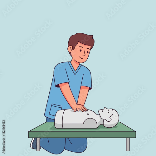 A man performing CPR on a manikin during first aid training