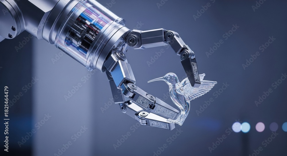 Obraz premium Robotic Arm Holding a Delicate Crystal Hummingbird with Precision.