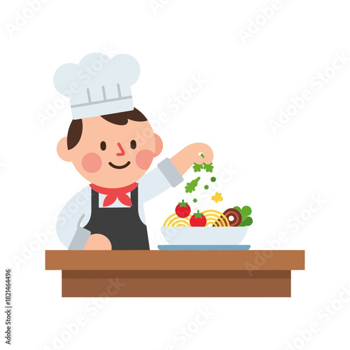 Cartoon chef adding garnish to a plate of spaghetti and tomatoes