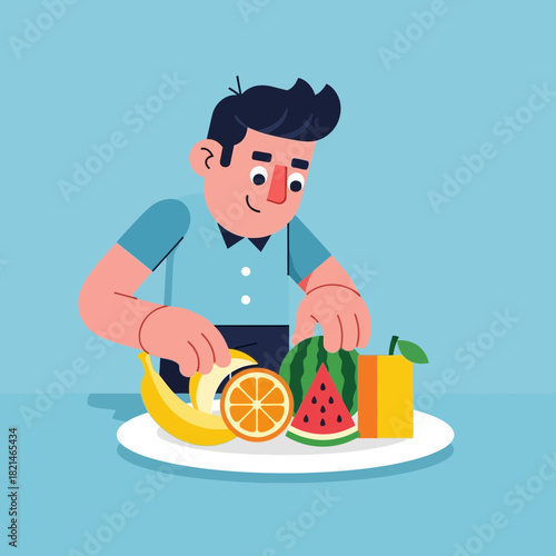 Cartoon man preparing fresh fruit salad on a white plate