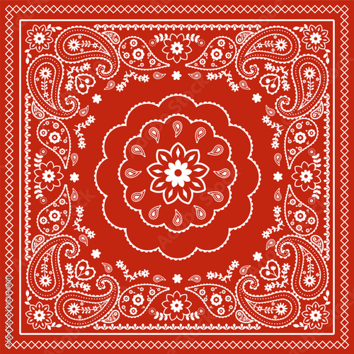 Classic Paisley Bandana Pattern Featuring Ornate Floral Elements and Intricate Line Art 