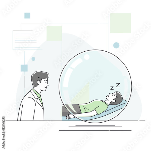 physician monitoring patient sleeping in transparent medical capsule for health and sleep quality research, clinic, presentation slides, and educational materials, with copy space