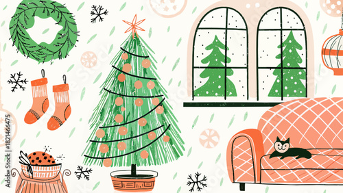 Festive holiday living room scene featuring Christmas tree, wreath, stockings, and a cozy cat lounging on sofa