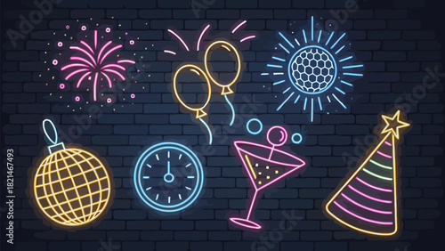 Bright neon New Year's Eve party elements bring a fun, vibrant, festive, and celebratory feel to your design
