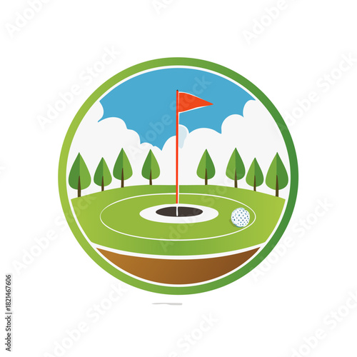 Golf course illustration with flag, hole, ball, trees, and sky.