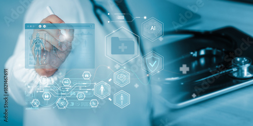 Foto Doctor interacting with digital medical interface display AI diagnostics, patient records, anatomical data represents advanced healthcare technology, smart clinic analysis, modern hospital innovation