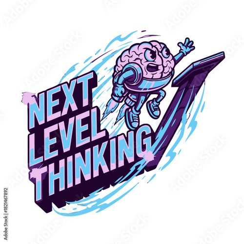 A cartoon brain mascot with rocket boosters flies upwards along an arrow, illustrating the concept of next level thinking.