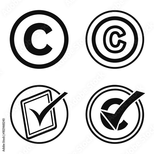Copyright and Approved Symbol Icon Set: Intellectual Property and Checkmark Vector