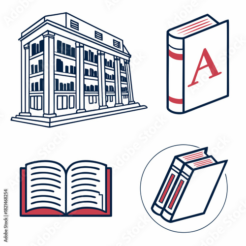 Academic and Legal Icon Set: Library, Textbook, University, and Knowledge Vector