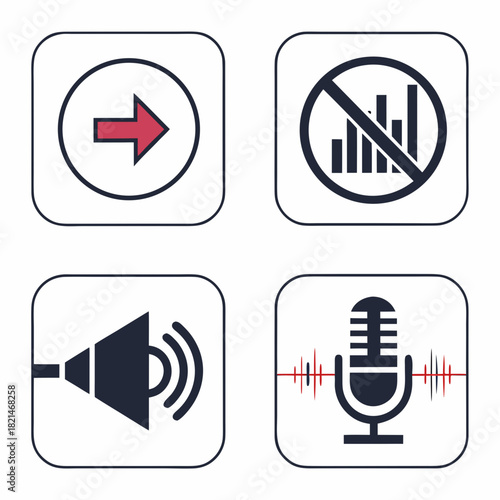 Communication and Interface Icon Set: Microphone, Sound, Signal, and Navigation Vector