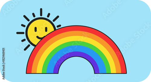 Cartoon Sun Smiling Over a Colorful Rainbow Illustration.