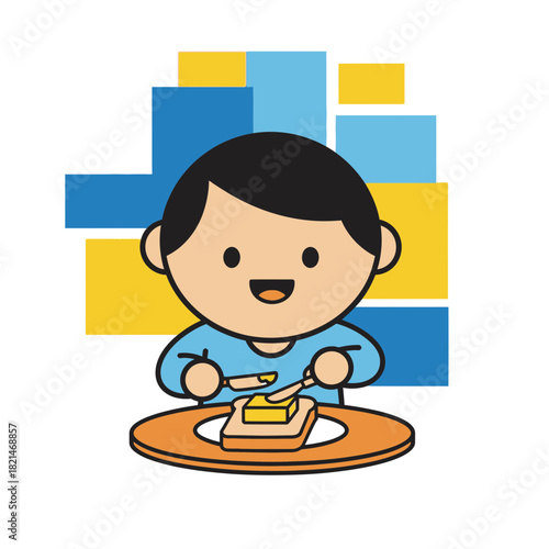 Cartoon child spreading butter on toast for a delicious breakfast