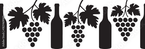 Seamless border pattern of black wine bottles and grape clusters