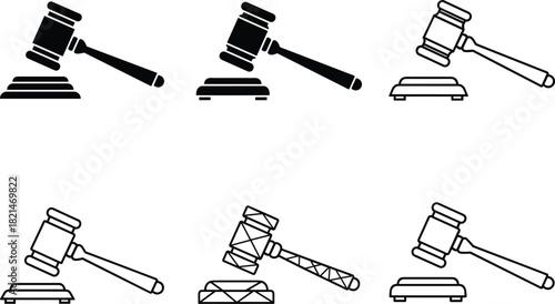 Gavel and sound block icons set representing law, justice, and authority Vector