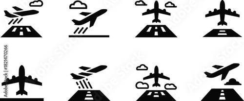 Airport airplane icon set with planes taking off, landing, and flying travel Vector