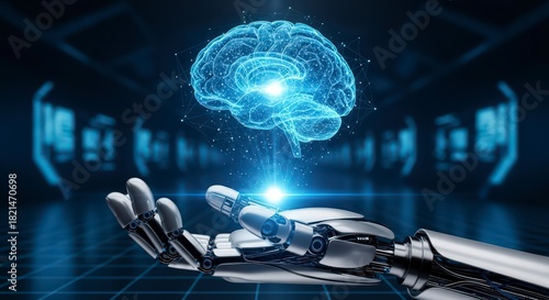 Artificial intelligence and brain interface represented as human robot hand with ai brain